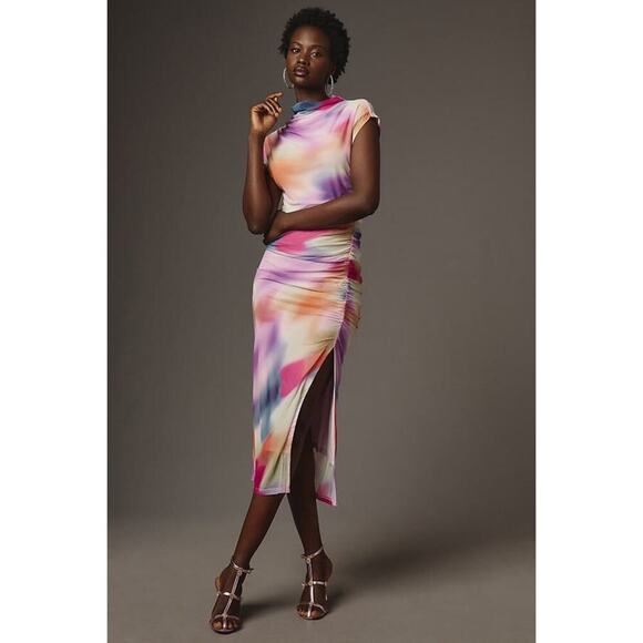 Anthropologie Maya Ruched Cowl-Neck Mesh Edition Dress Pink Combo Size M NWOT - Picture 1 of 12